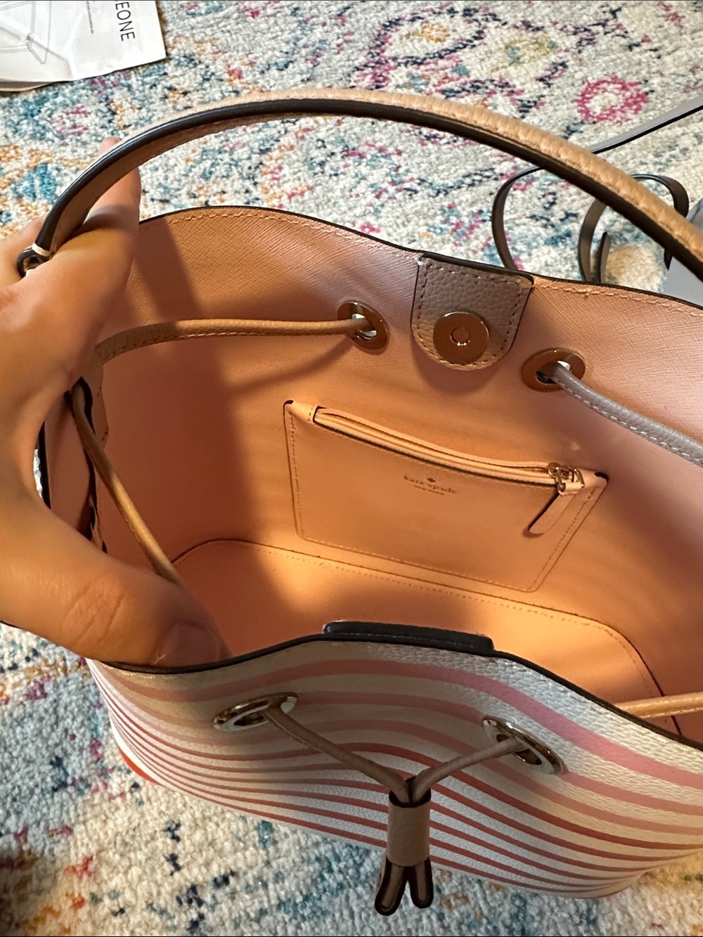 kate spade Pink and Orange Striped Bucket Crossbody Bag - Picture 2 of 3